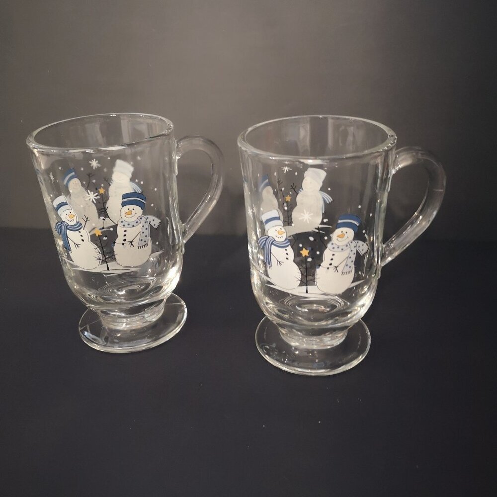 Vintage Libbey Snowman Christmas Footed Pedestal Glass Coffee Mug Set of 2